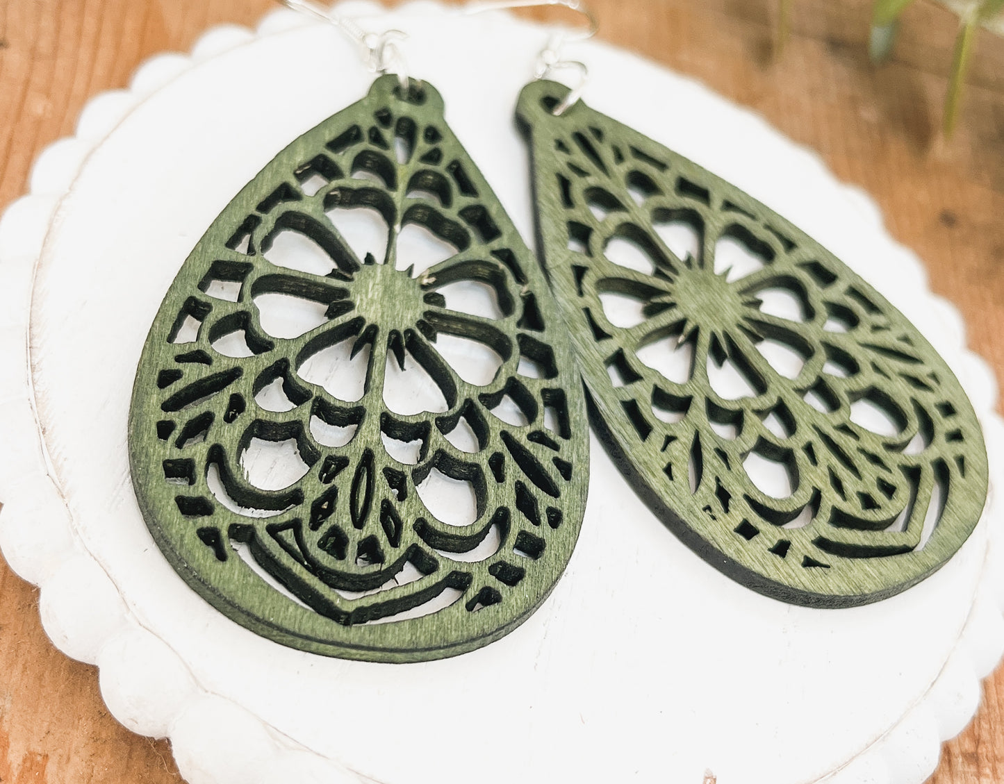 Beautiful Green Laser Cut Wood Floral Earrings