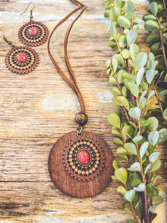 Beautiful Boho Red and Brown Necklace and Earring Set