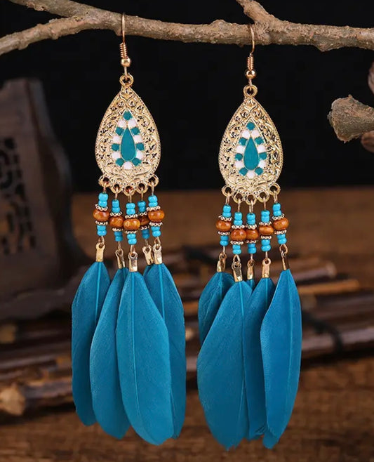 Beautiful Bohemian Turquoise Feather Earrings