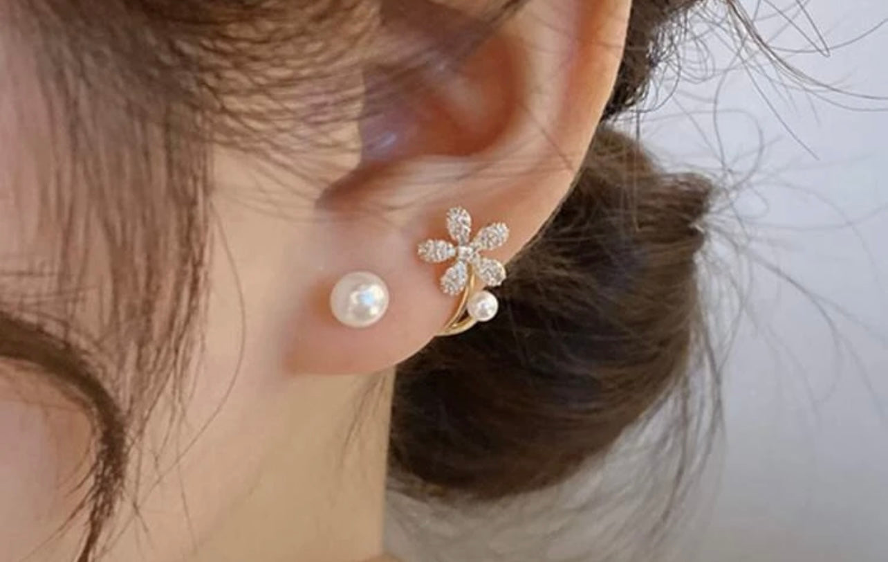 Beautiful Pearl and Crystal Flower Huggie Earrings