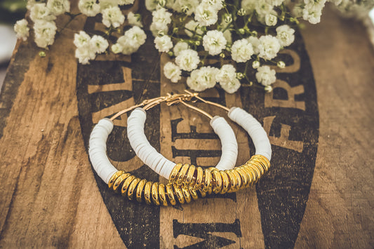 Beautiful White and Gold Clay Hoops