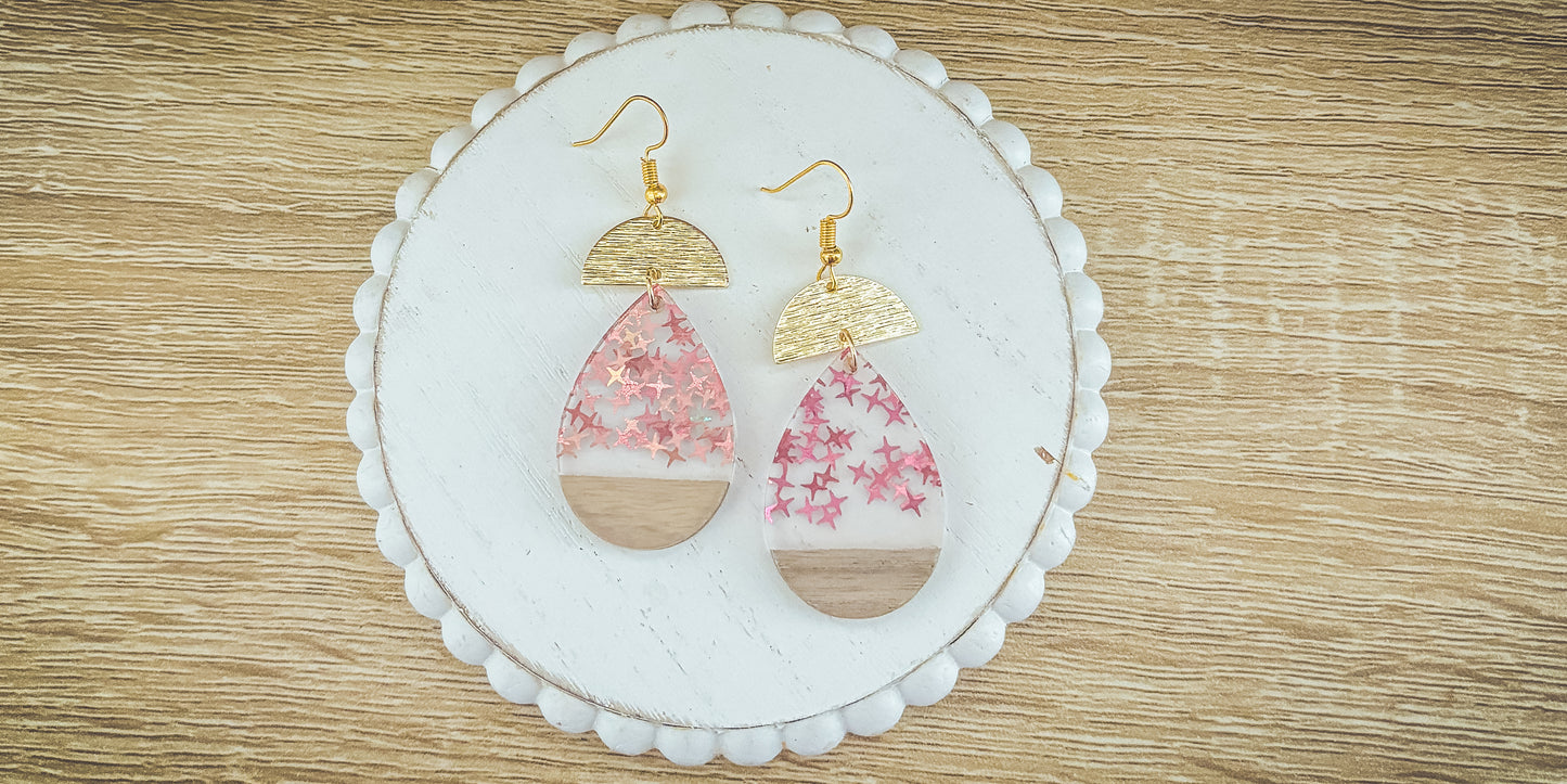 Beautiful Wood and Pink Fleck Resin Earrings