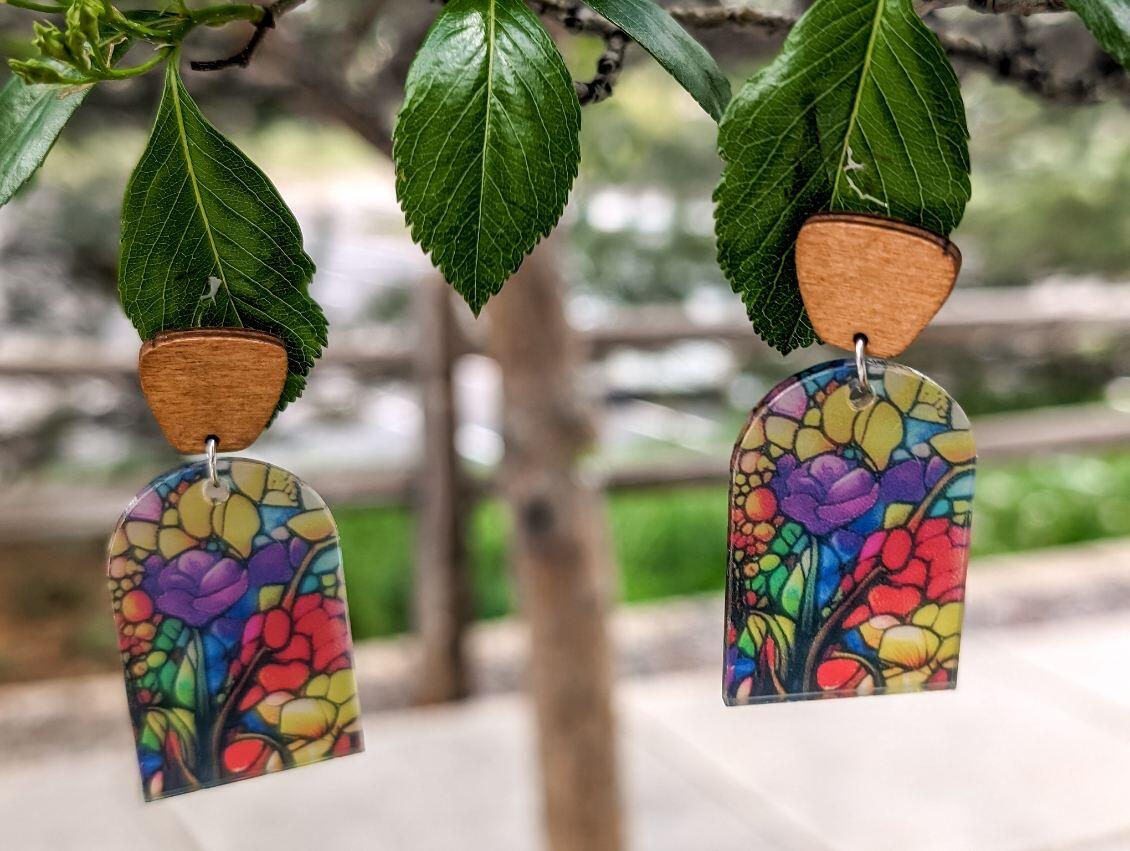 Beautiful Wood and Stained Glass Effect Earrings