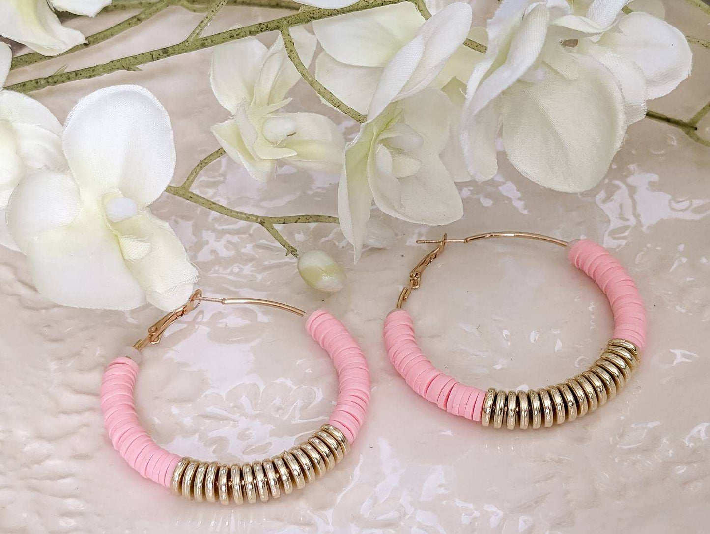 Beautiful Pink and Gold Clay Hoops