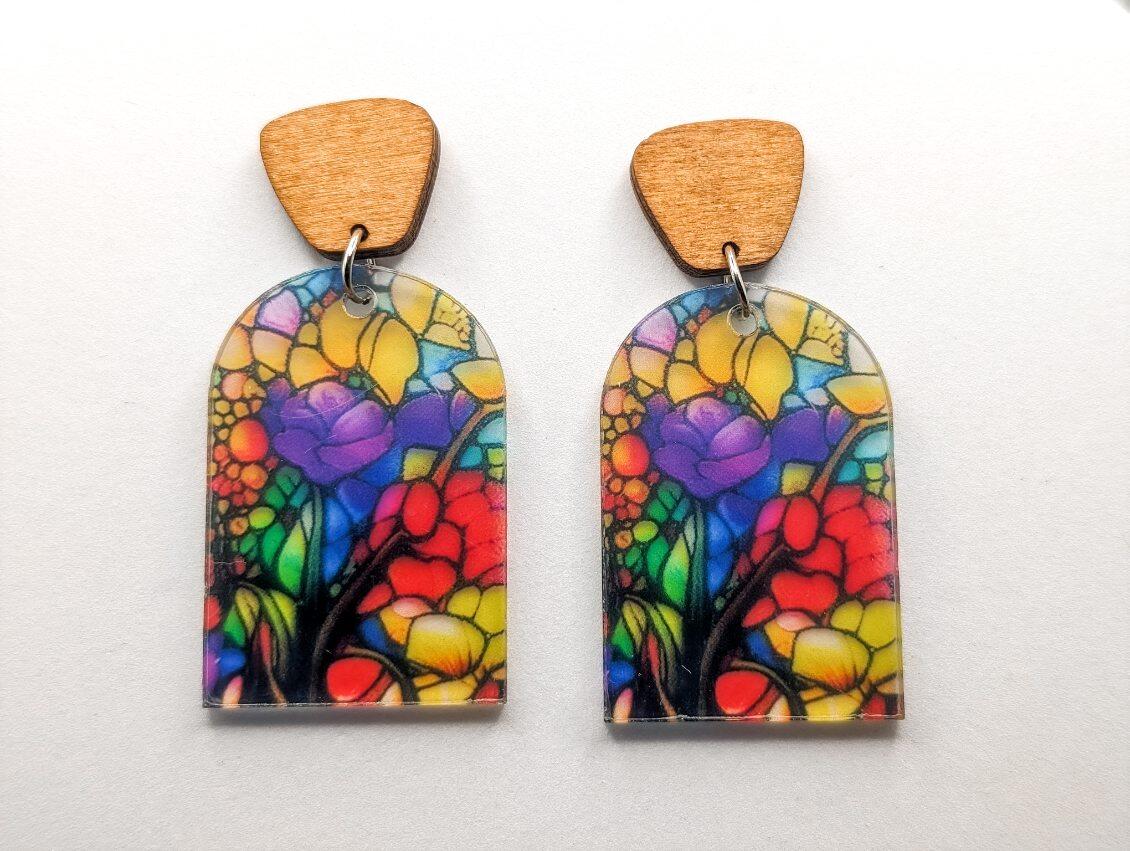 Beautiful Wood and Stained Glass Effect Earrings