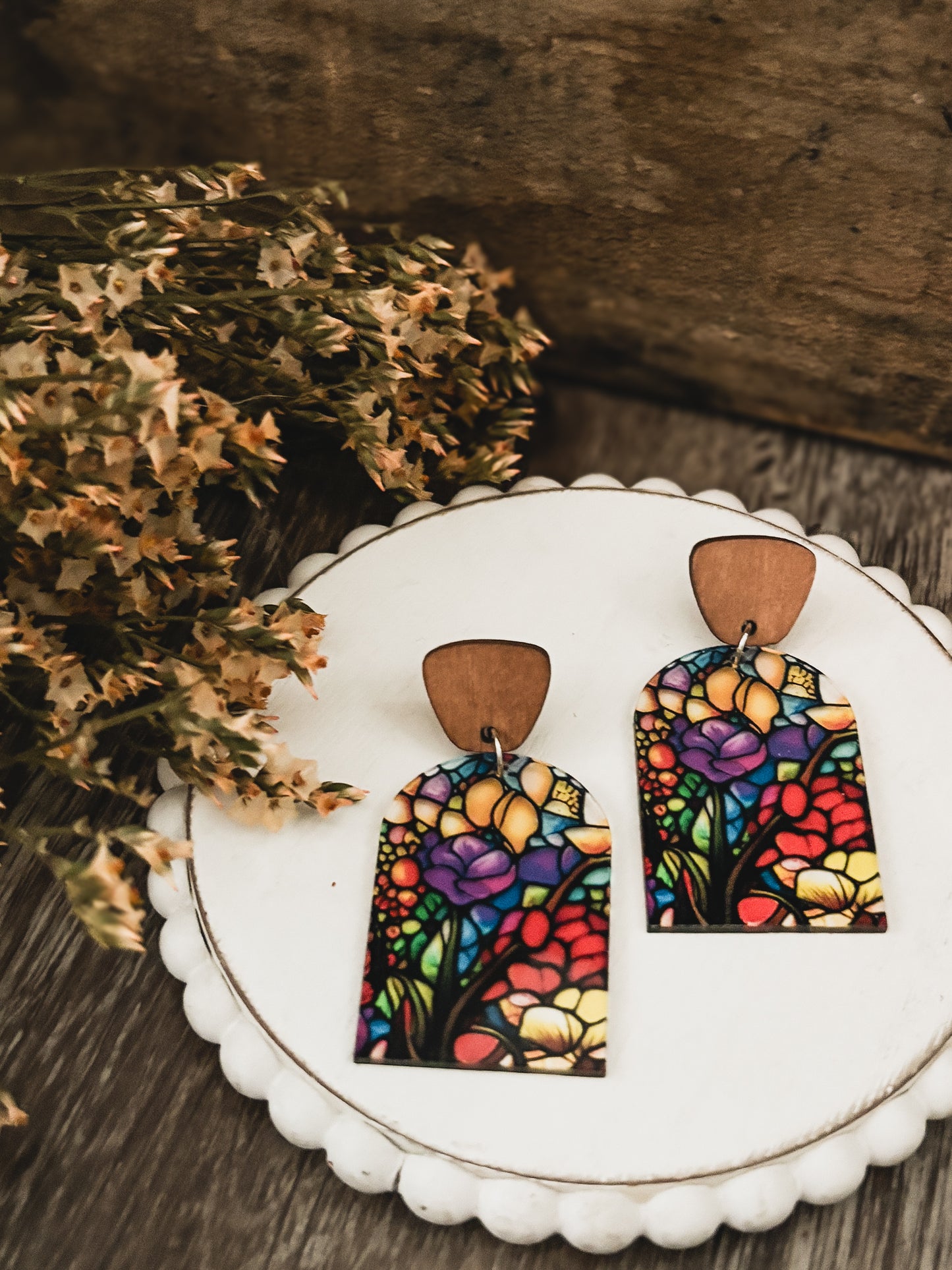 Beautiful Wood and Stained Glass Effect Earrings