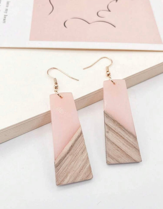 Beautiful Pink Resin and Wood Earrings