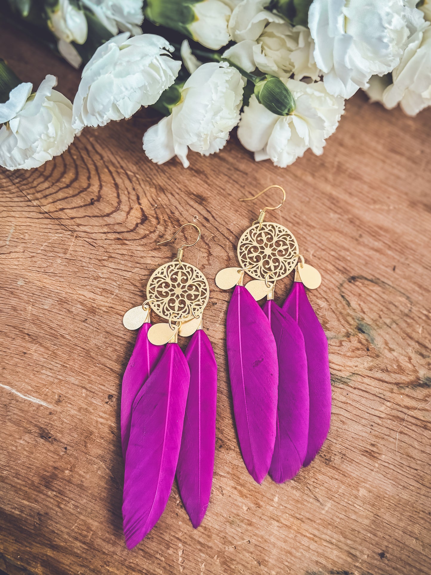 Beautiful Gold and Pink Feather Earrings