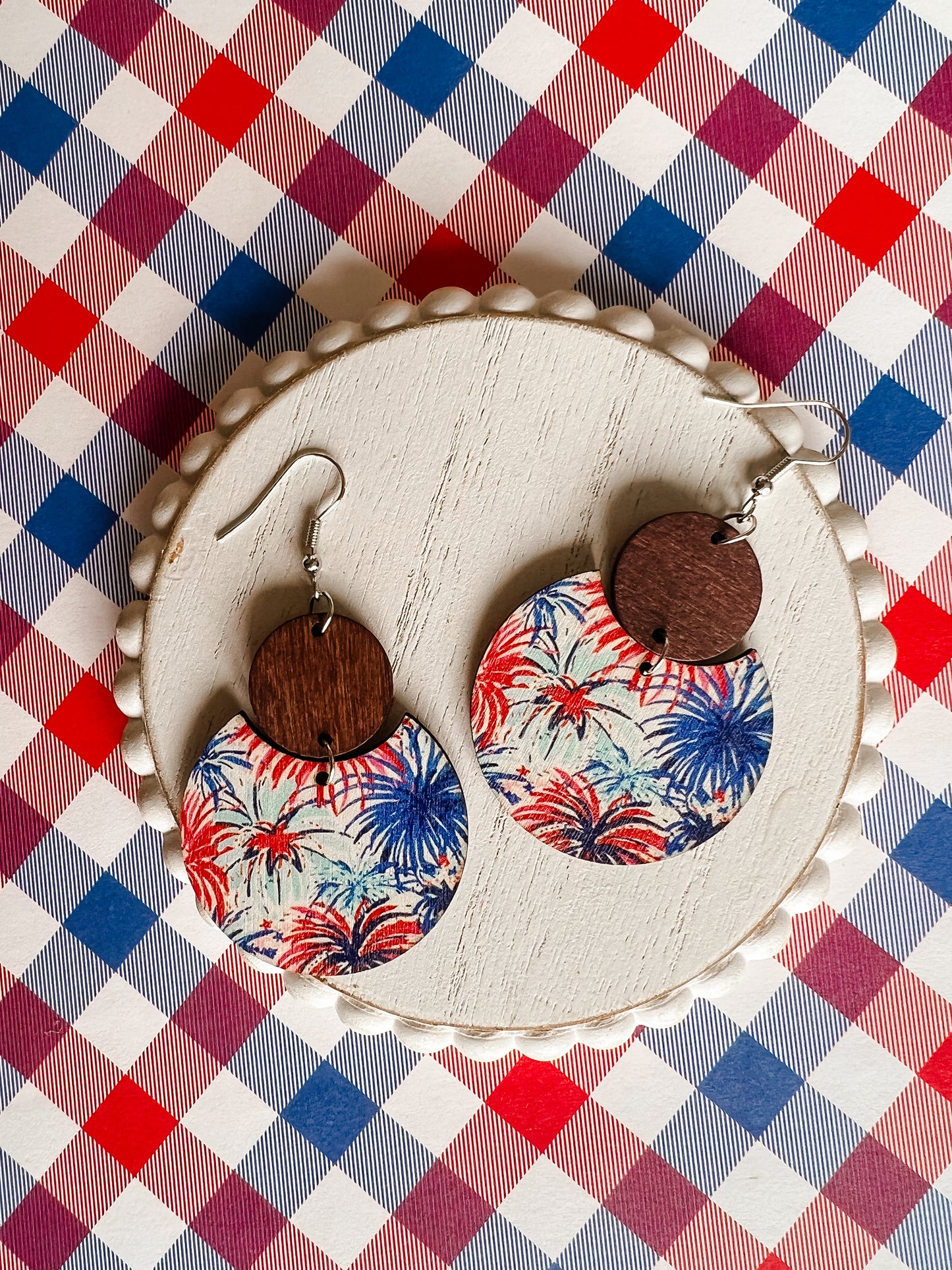 Beautiful Red, White, and Blue Wooden Firework Drop Earrings