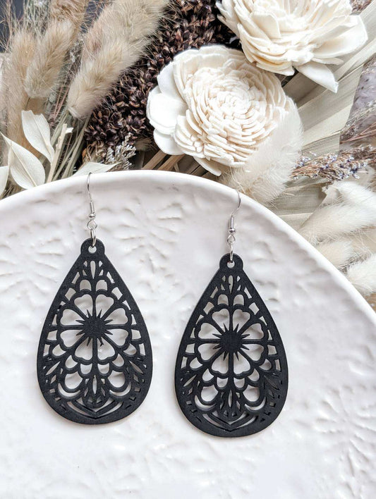 Beautiful Black Laser Cut Wood Floral Earrings