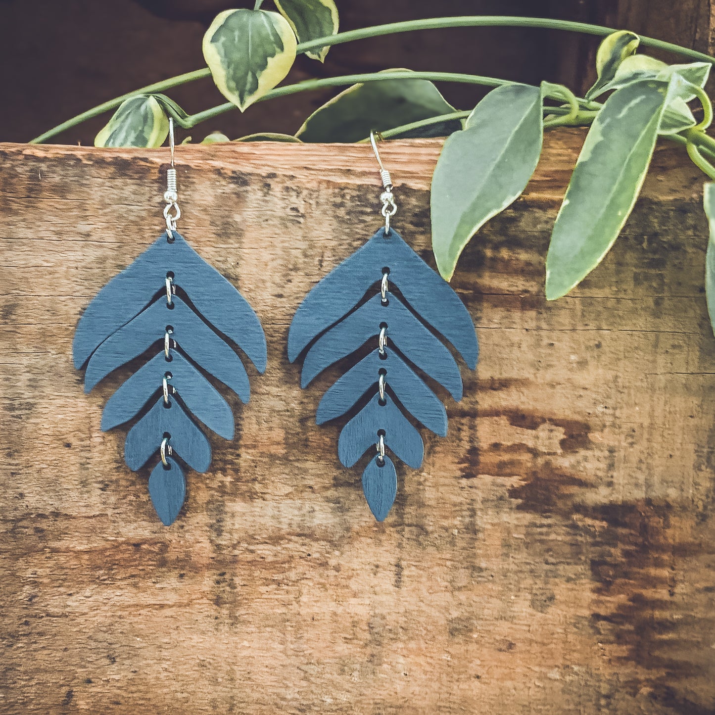 Beautiful Blue Wood Leaf Earrings