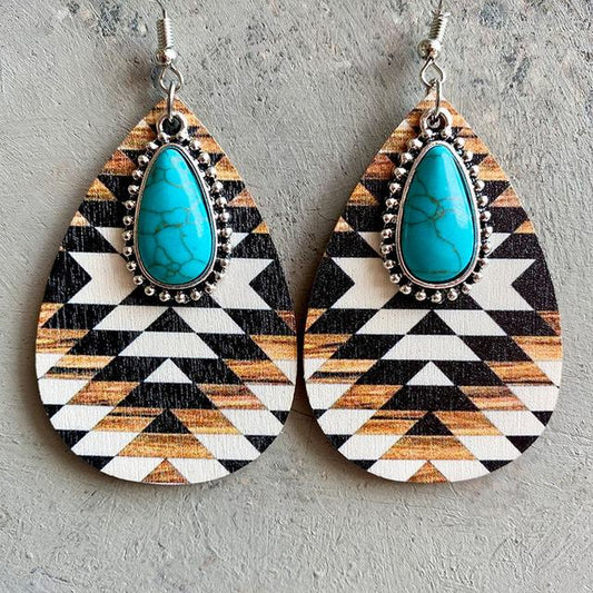 Aztec Pattern Wood and Turquoise Drop Earrings