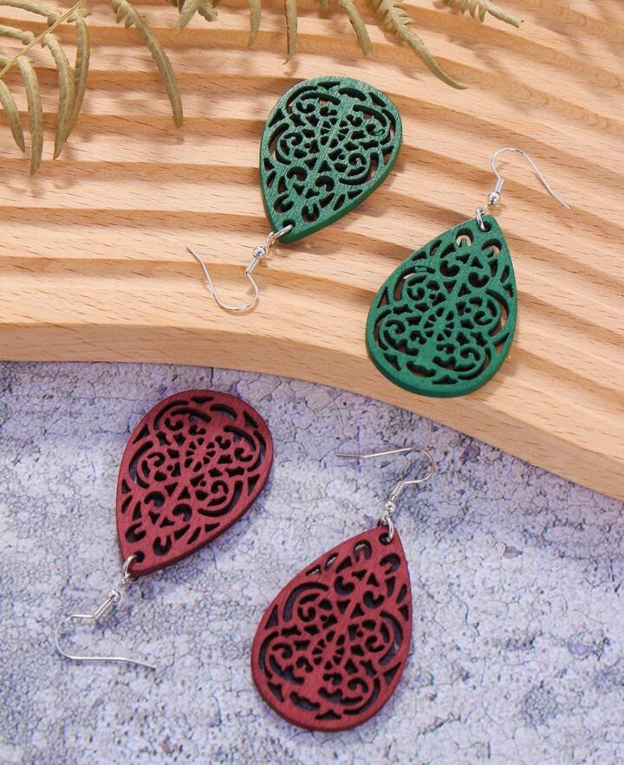 Set of Four Beautiful Carved Wood Earrings