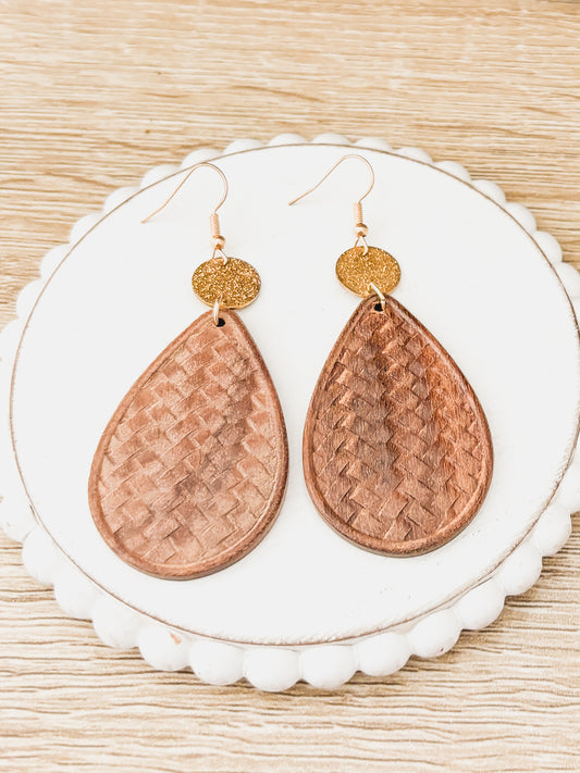 Beautiful Patterned Brown Wood and Gold Drop Earrings