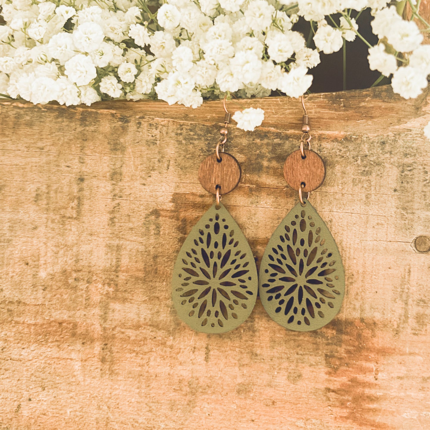 Beautiful Green Leather and Wood Earrings