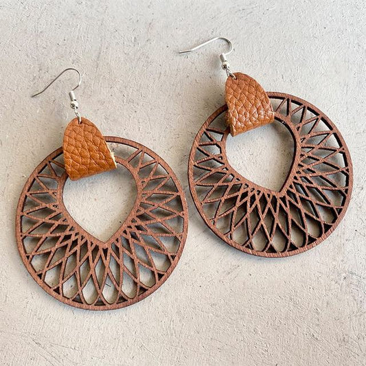 Beautiful Large Wood and Leather Earrings