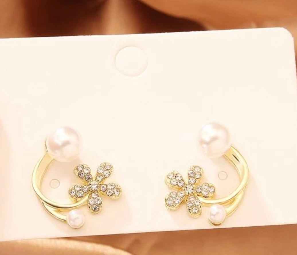 Beautiful Pearl and Crystal Flower Huggie Earrings