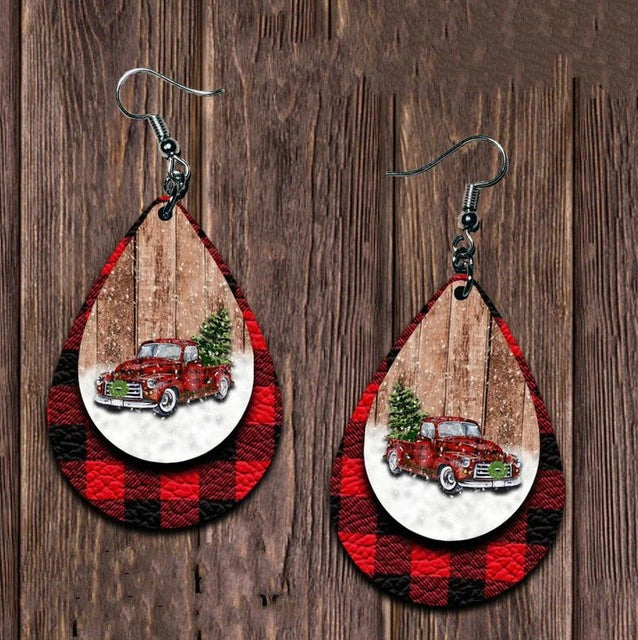 Adorable Red Plaid Truck Christmas Earrings