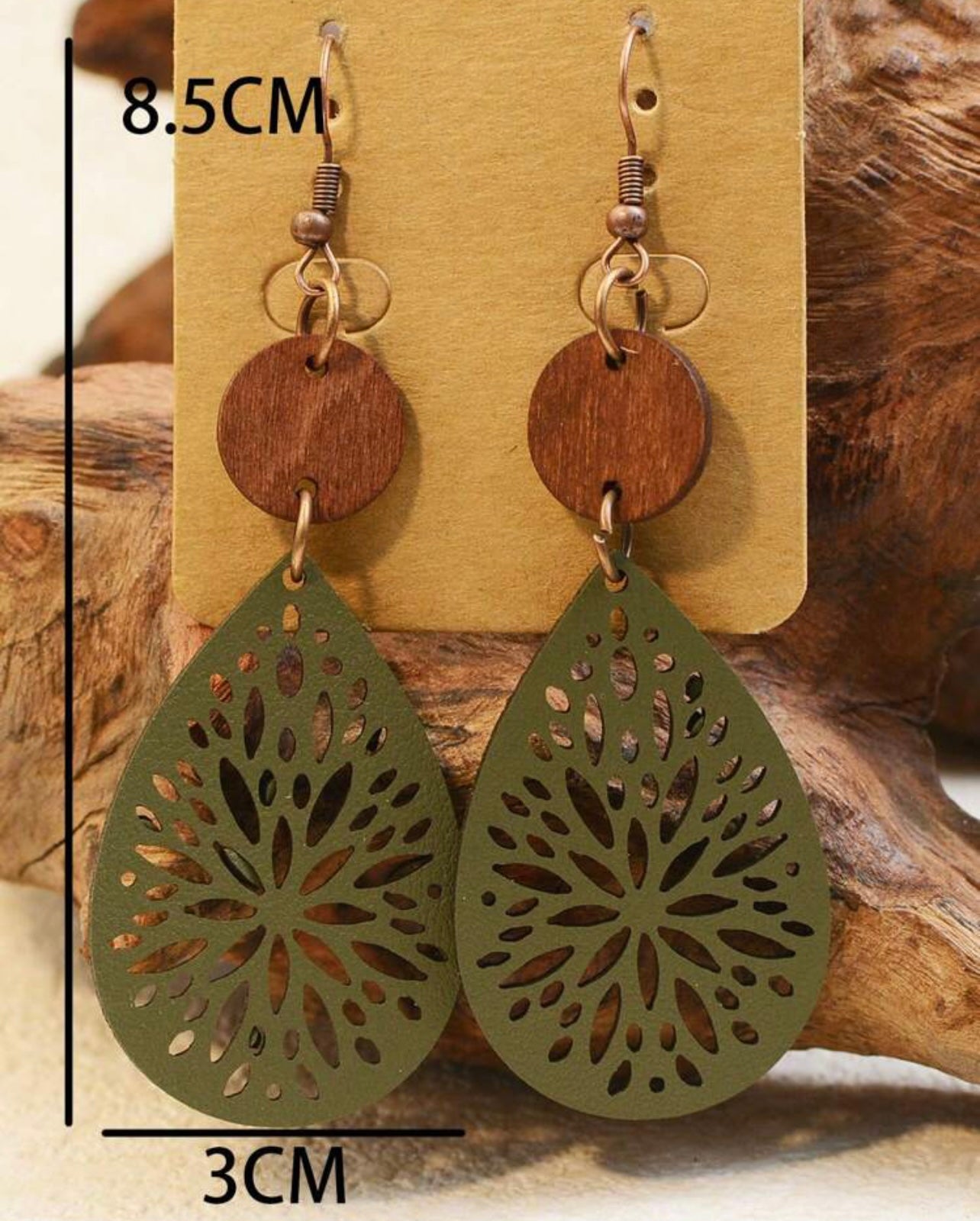 Beautiful Green Leather and Wood Earrings