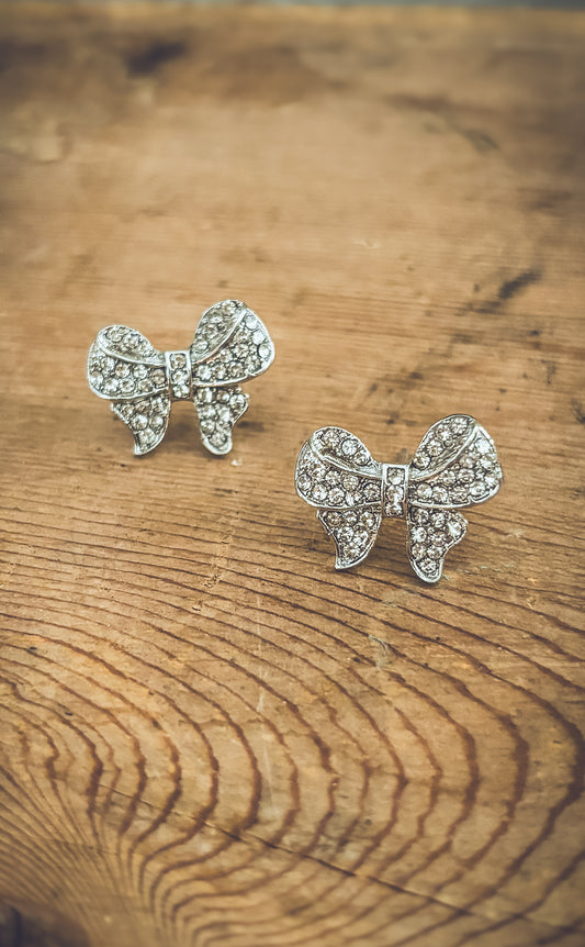 Adorable Silver Rhinestone Bow Earrings