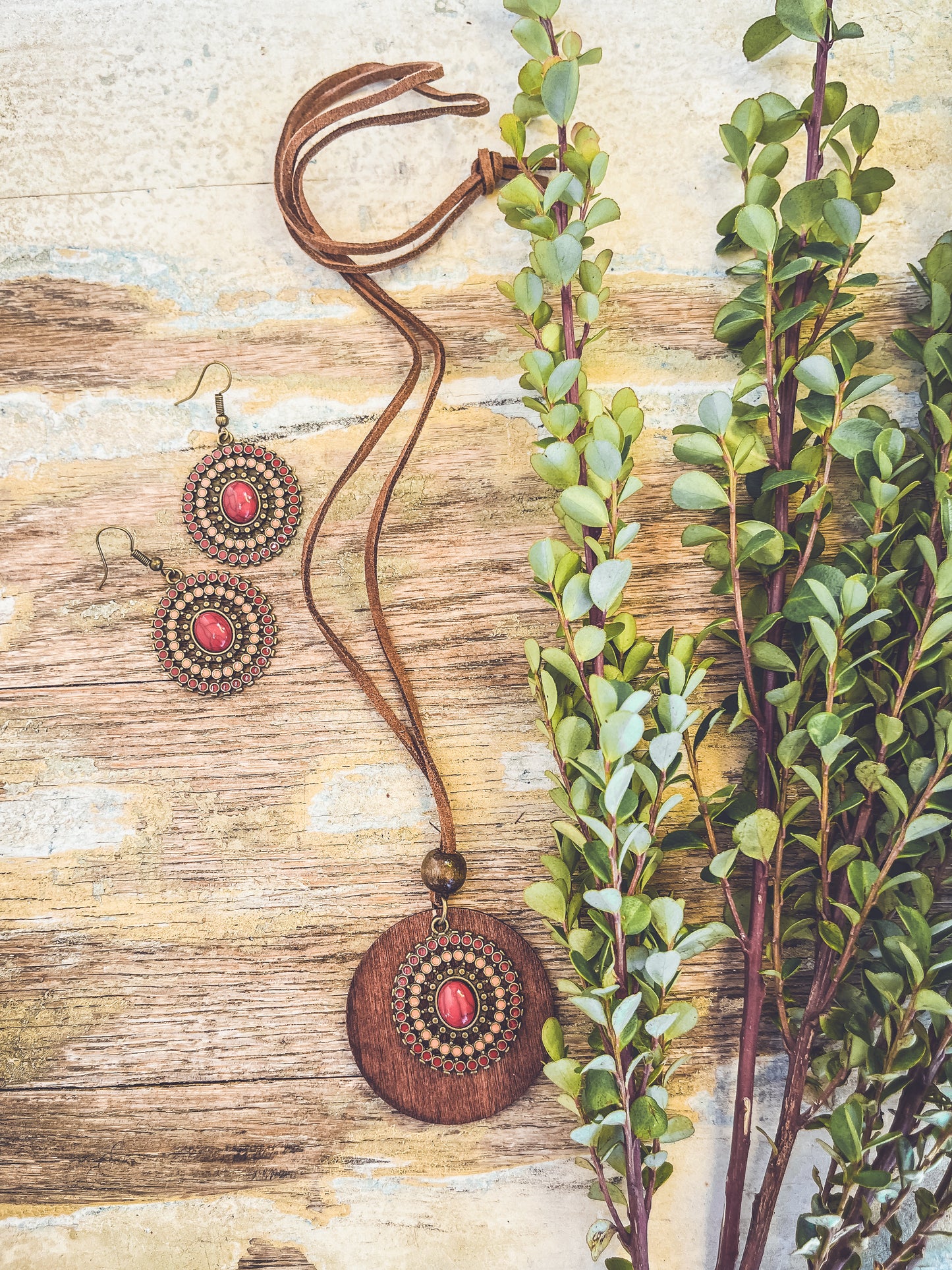 Beautiful Boho Red and Brown Necklace and Earring Set