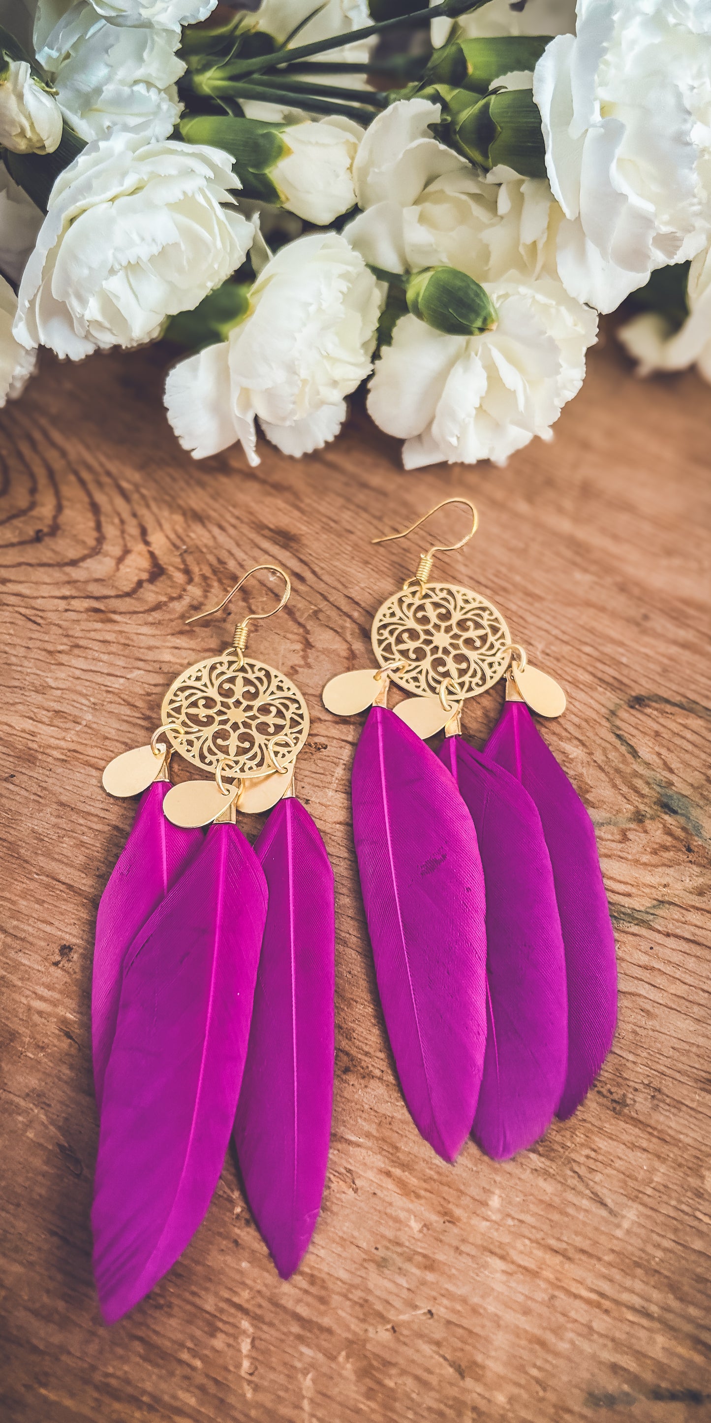 Beautiful Gold and Pink Feather Earrings