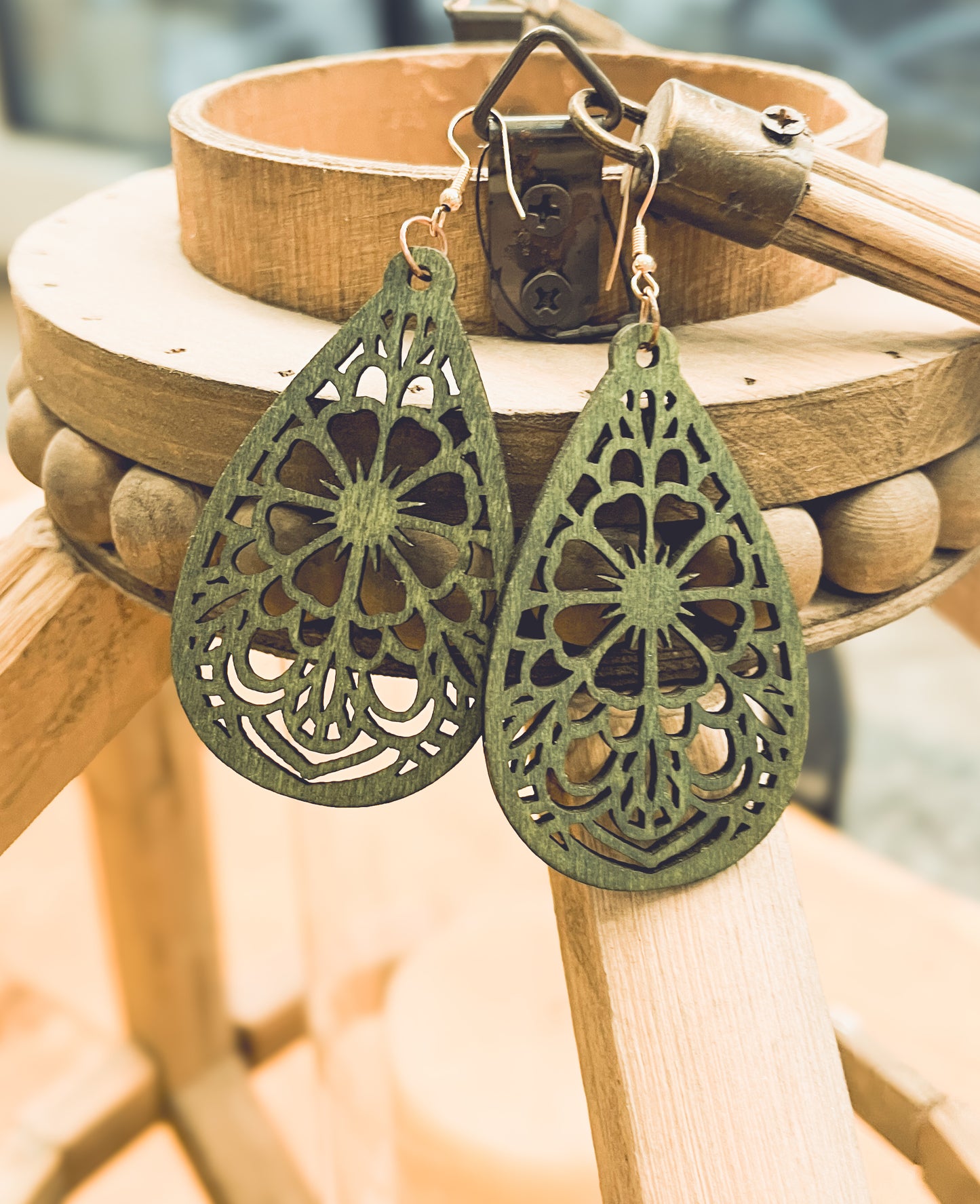 Beautiful Green Laser Cut Wood Floral Earrings