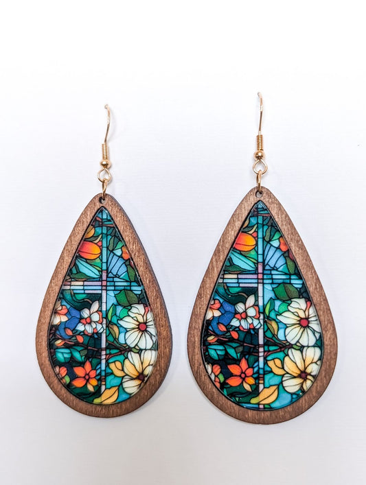 Beautiful Wood and Stained Glass Effect Earrings