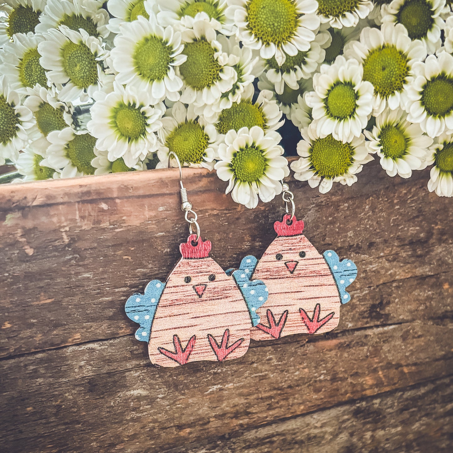 Adorable Wood Chicken Earrings