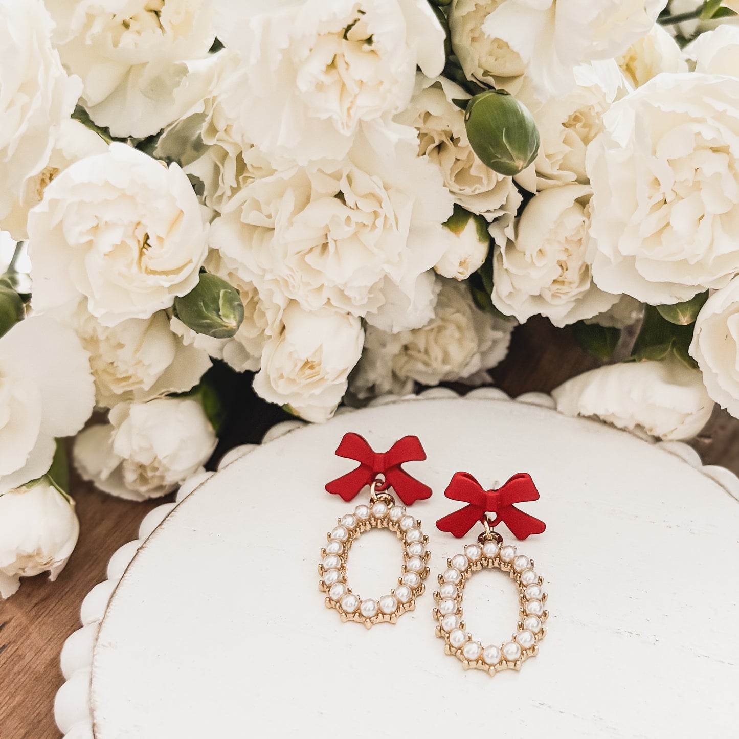 Beautiful Red Bow and Pearl Earrings