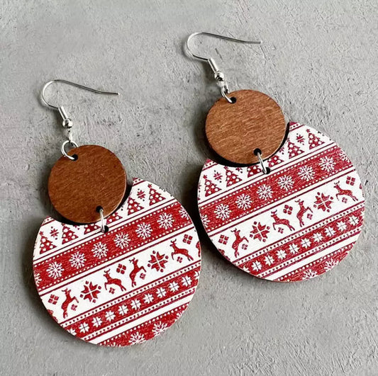 Beautiful Red and White Christmas Striped Wooden Earrings
