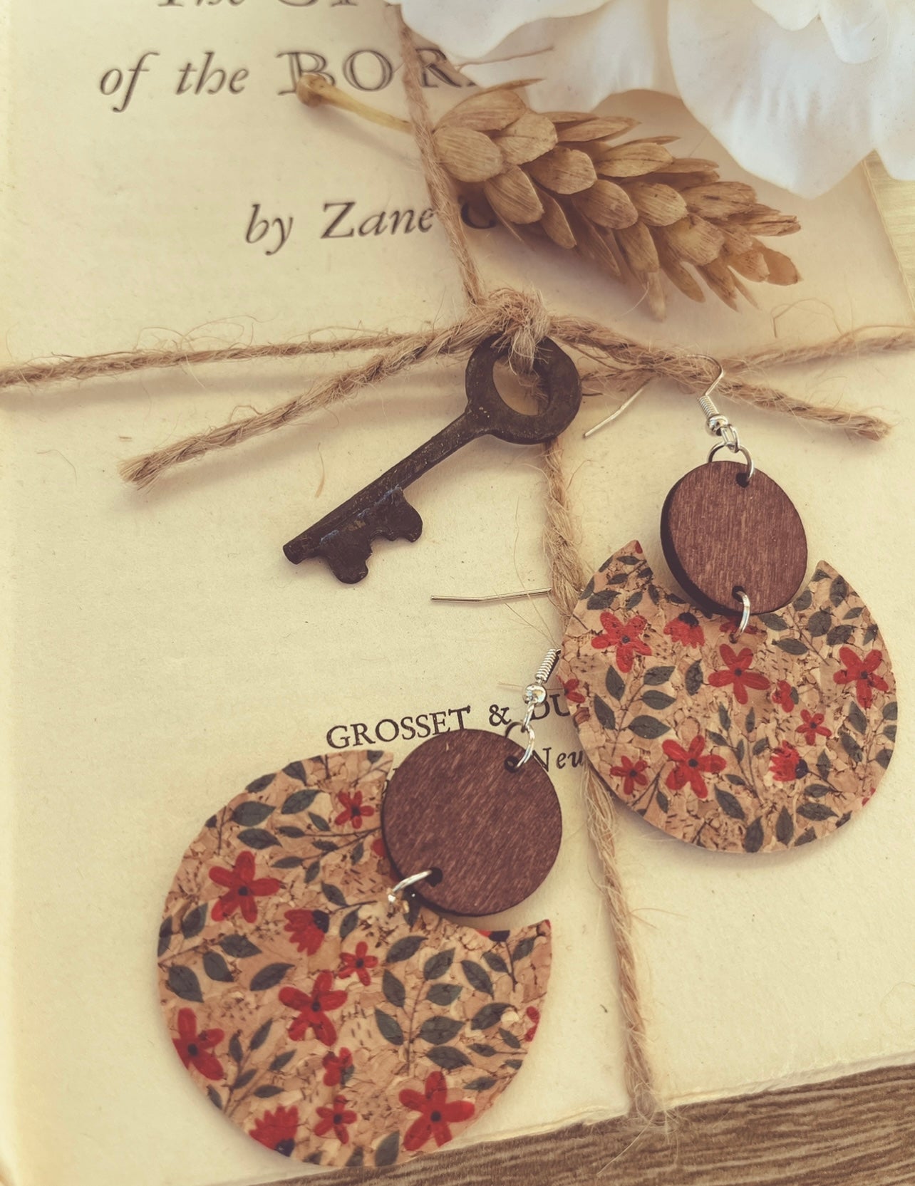 Beautiful Red and Blue Floral Cork and Wood Earrings