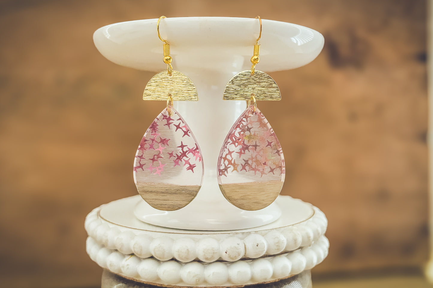 Beautiful Wood and Pink Fleck Resin Earrings