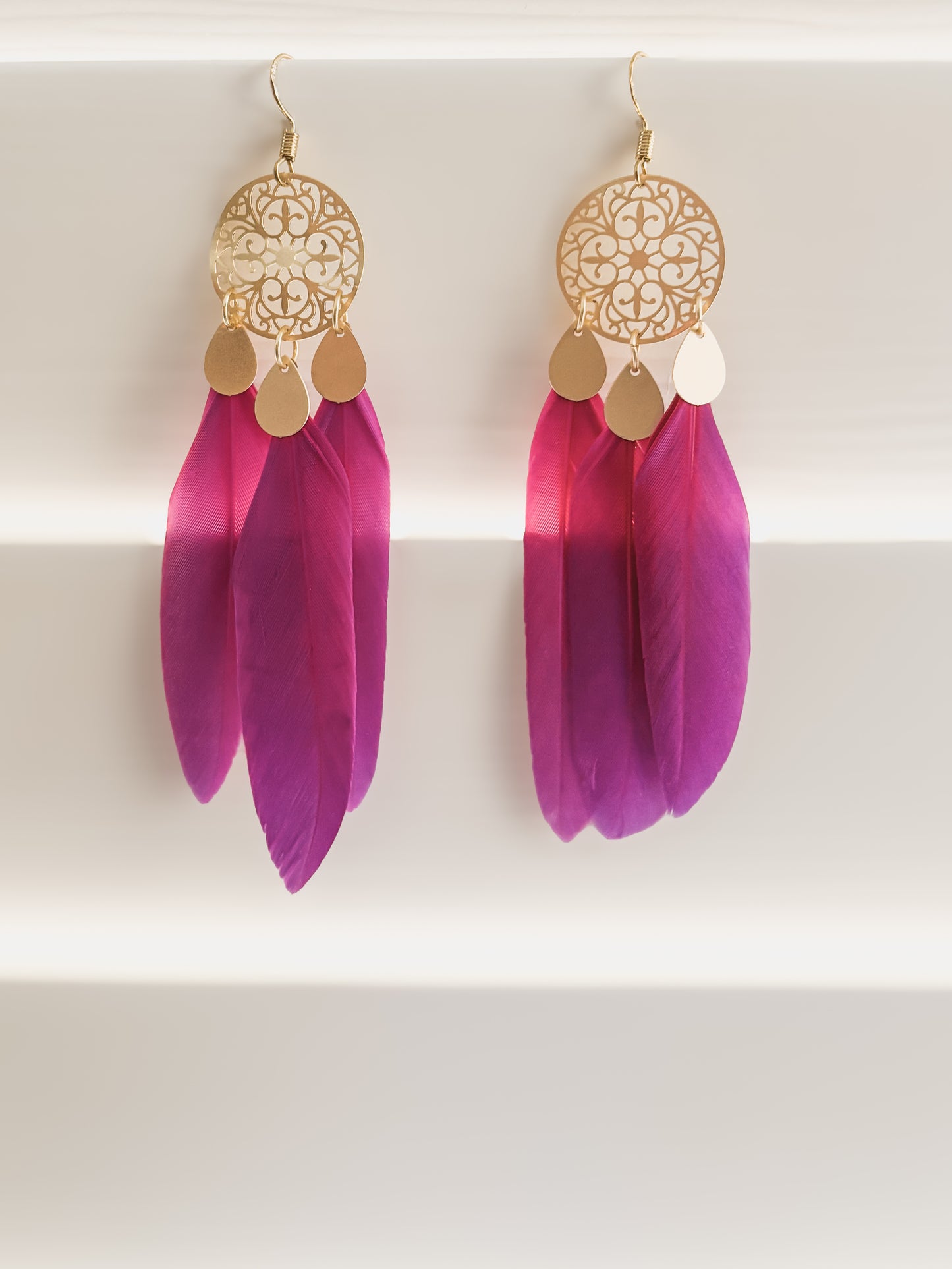 Beautiful Gold and Pink Feather Earrings