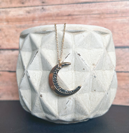 Crushed Crystal Gold Crescent Moon Necklace