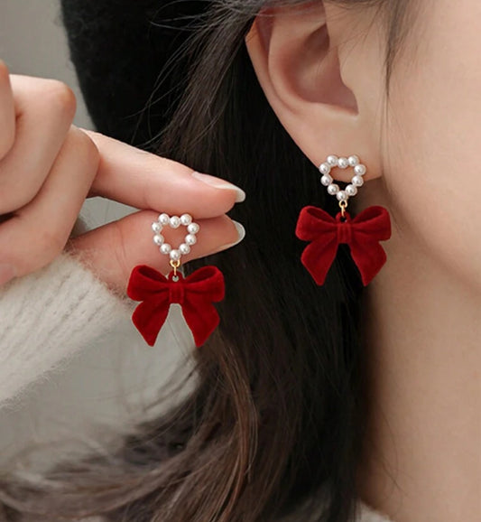 Beautiful Red Bow and Heart Pearl Earrings