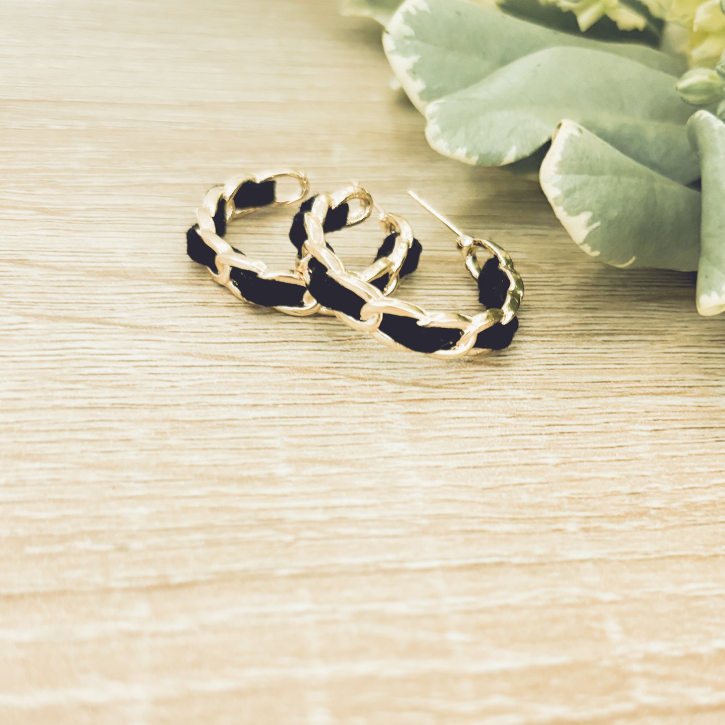 Beautiful Gold and Black Leather Hoop Earrings