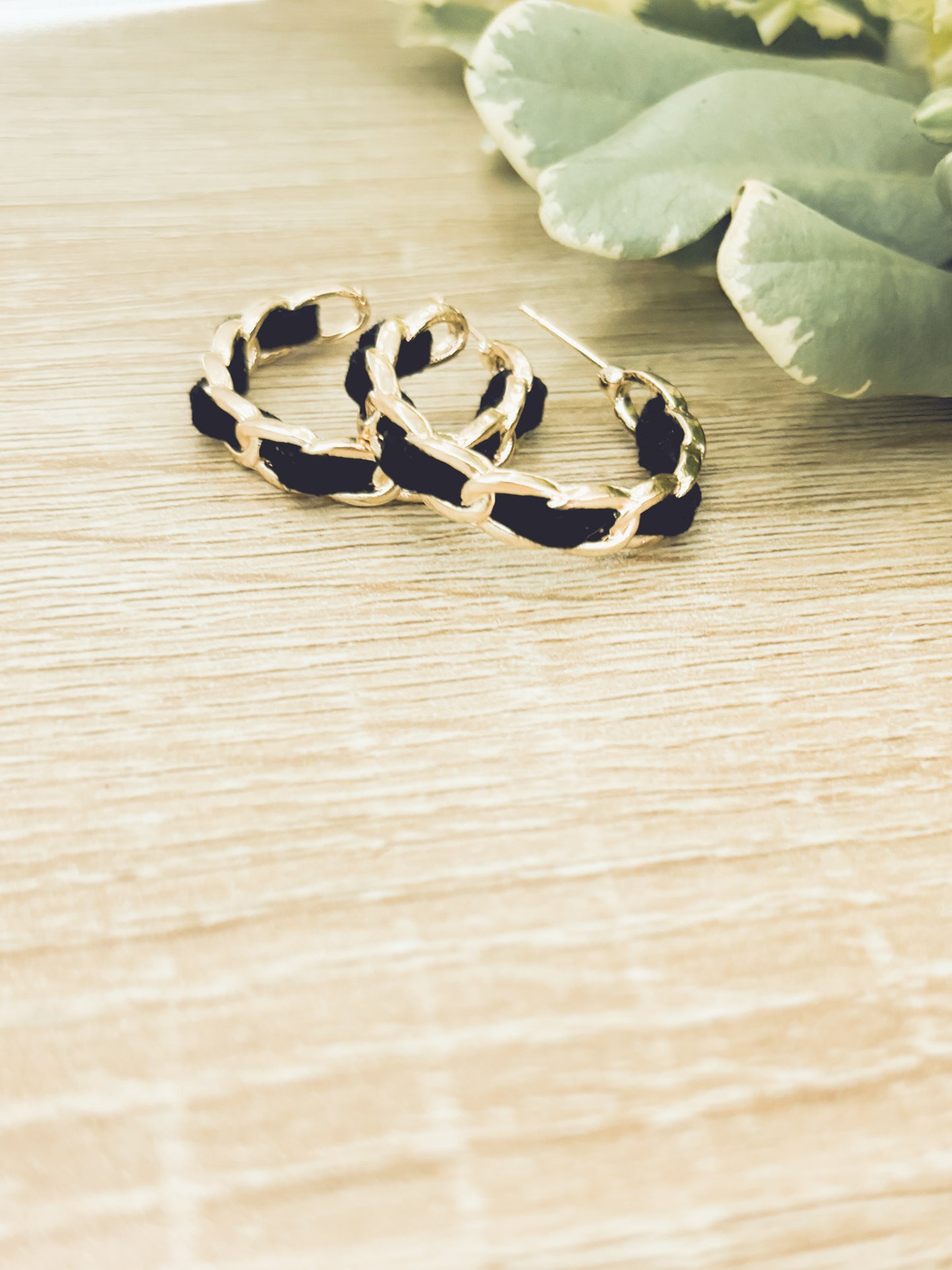 Beautiful Gold and Black Leather Hoop Earrings