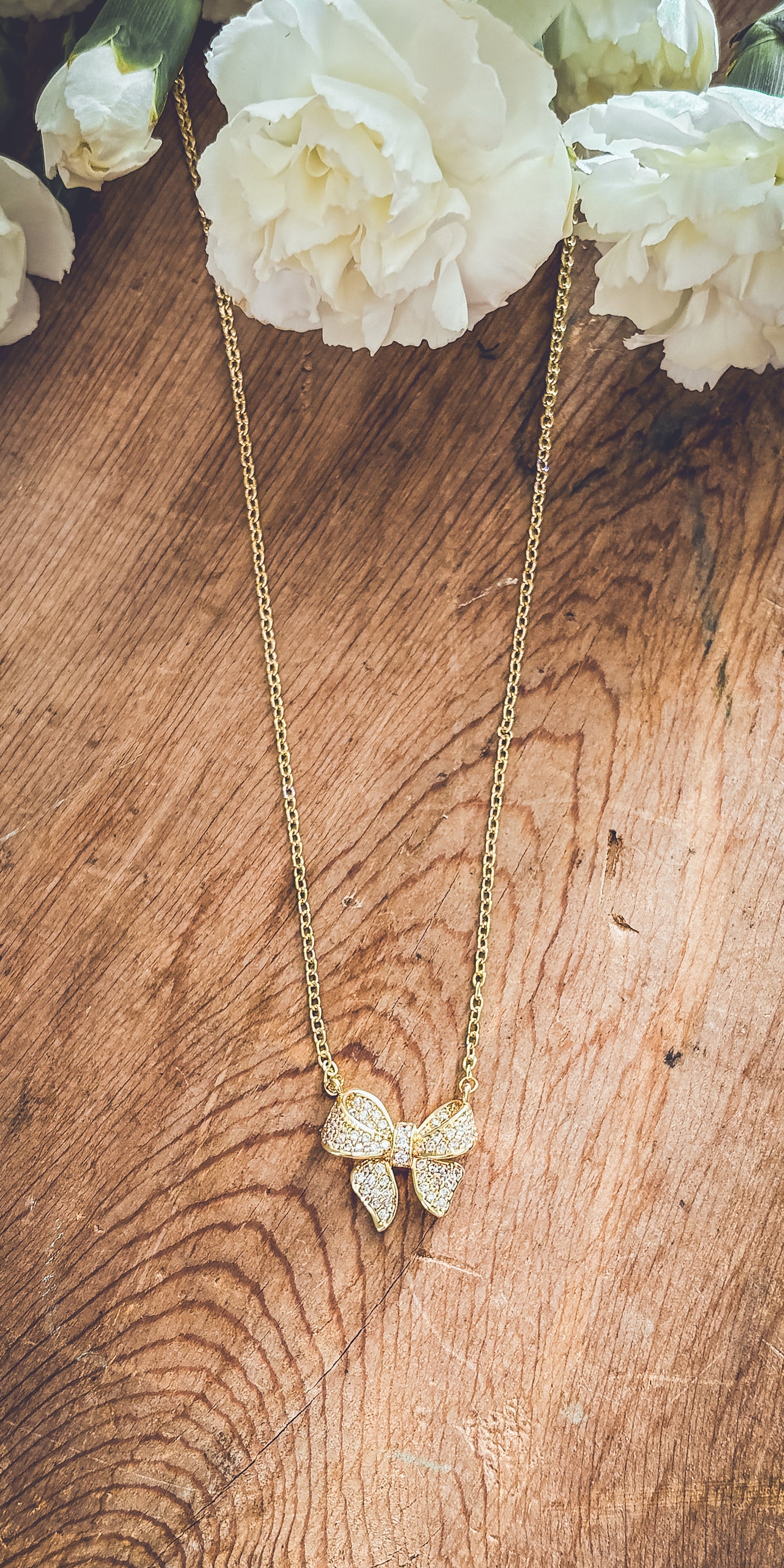 Adorable Gold Rhinestone Bow Necklace