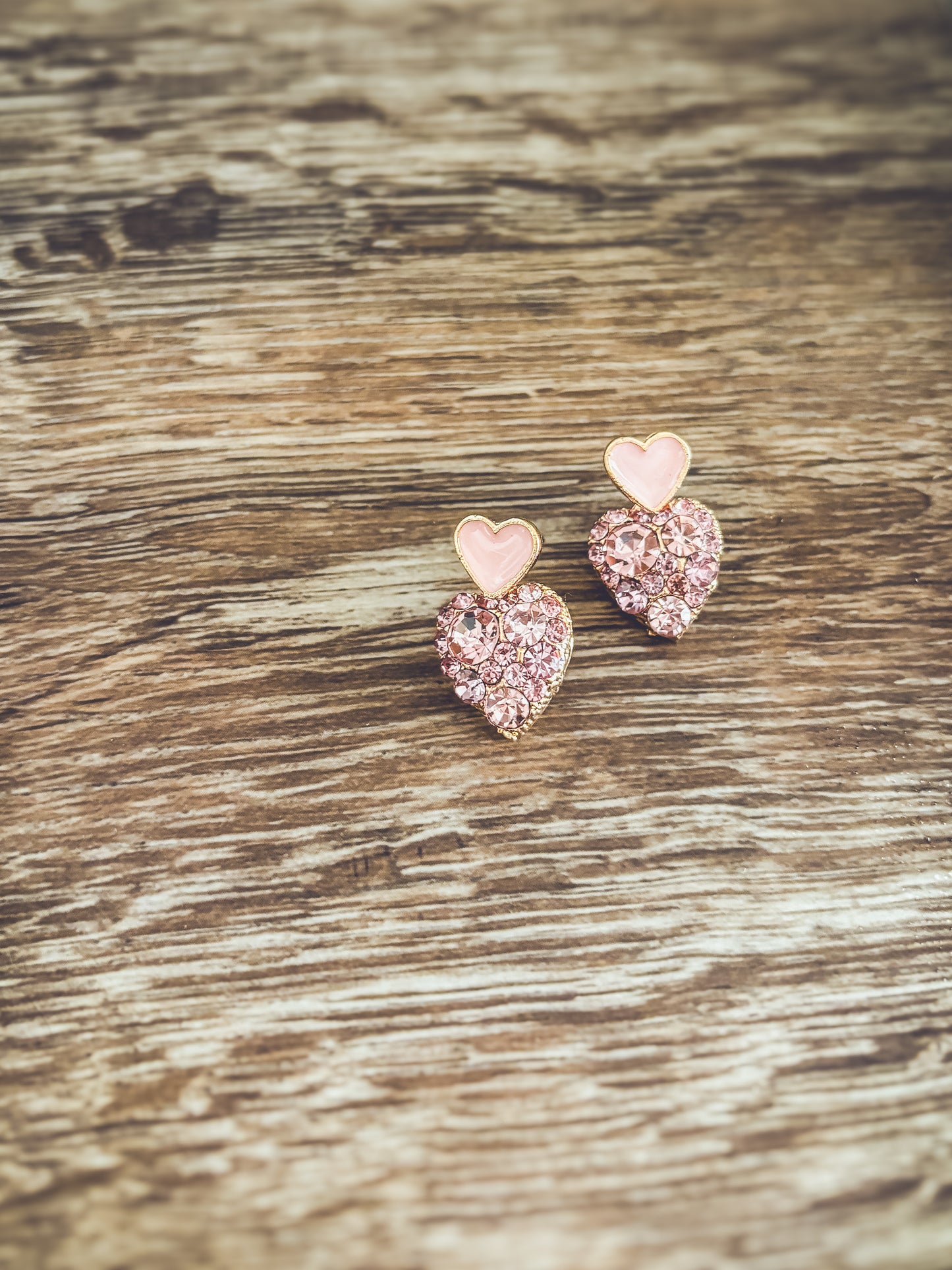 Beautiful Gold and Pink Crystal Heart Earrings