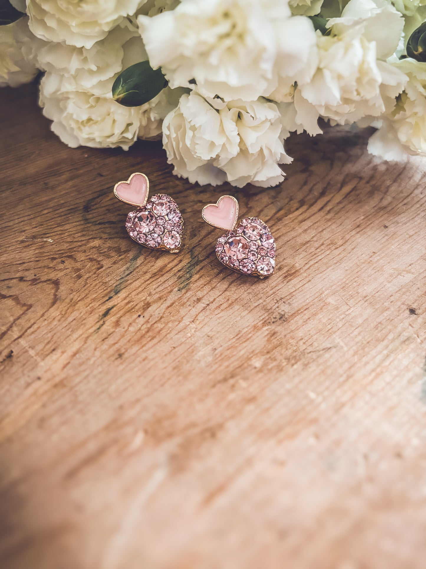 Beautiful Gold and Pink Crystal Heart Earrings