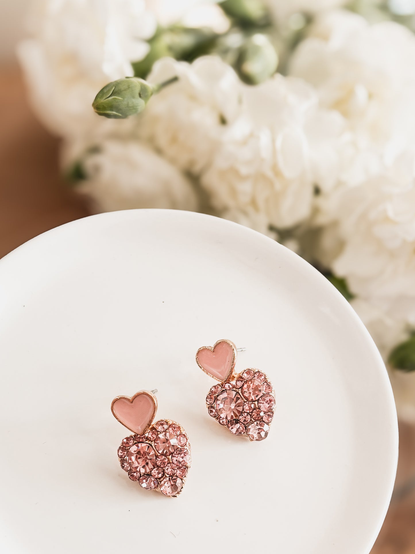 Beautiful Gold and Pink Crystal Heart Earrings