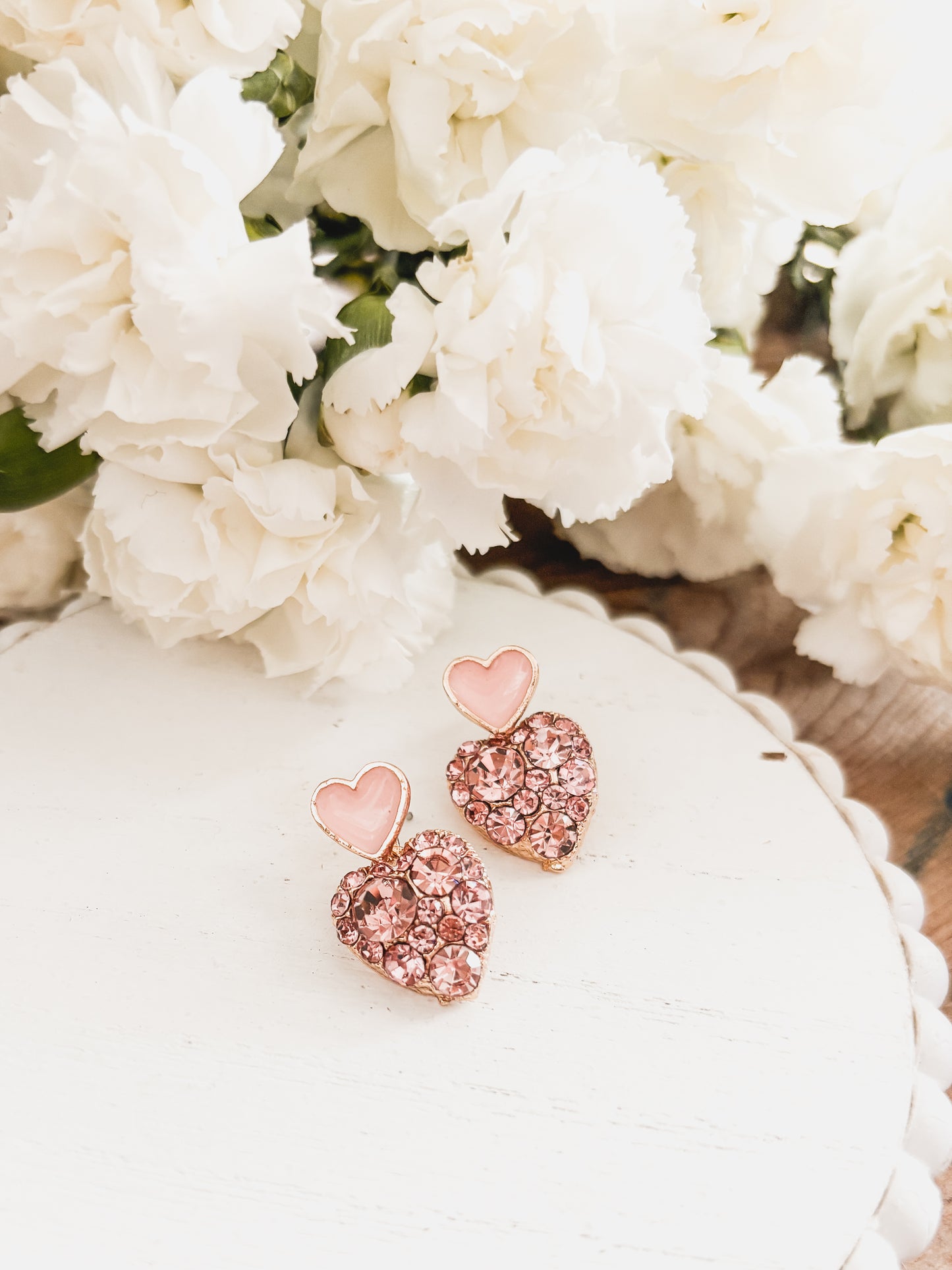 Beautiful Gold and Pink Crystal Heart Earrings