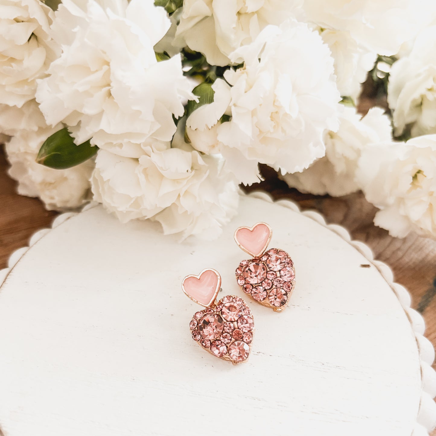 Beautiful Gold and Pink Crystal Heart Earrings