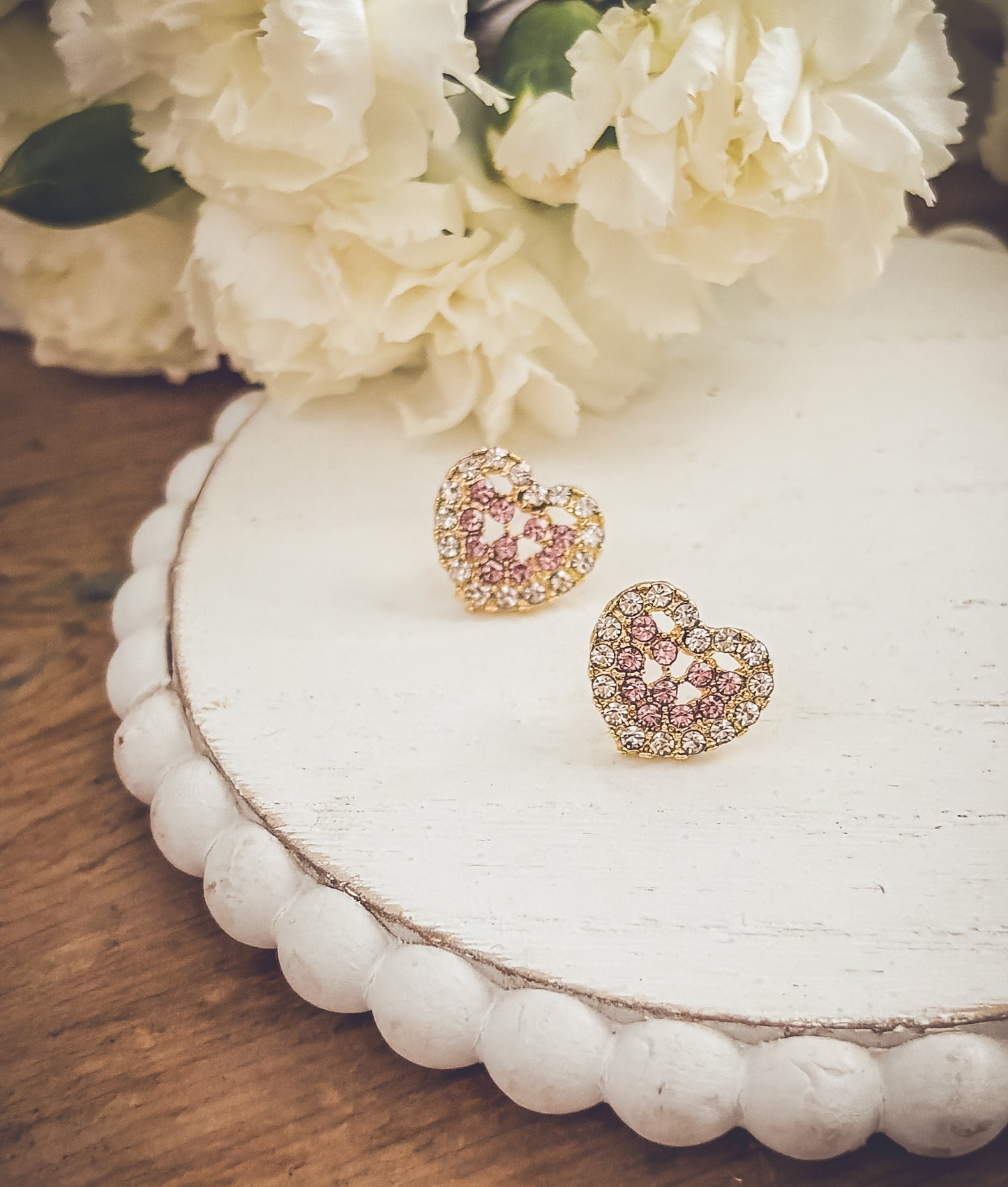 Beautiful Gold and Pink Crystal Heart Earrings