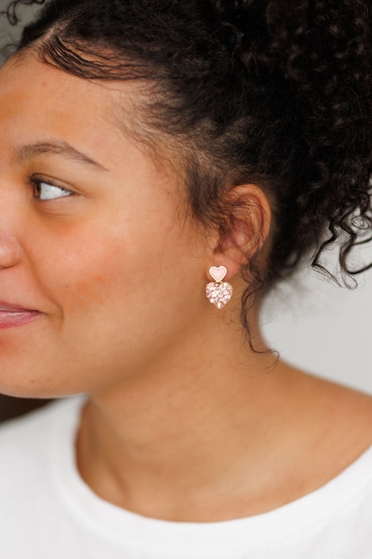 Beautiful Gold and Pink Crystal Heart Earrings