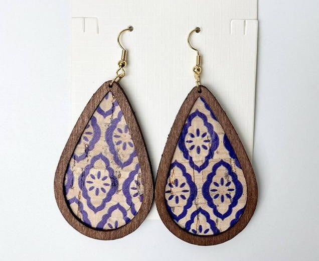 Beautiful Wood and Cork Purple Art Drop Earrings