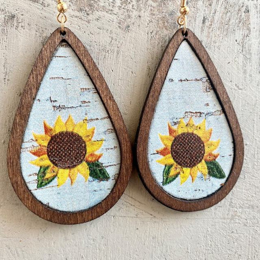 Beautiful Wood and Cork Sunflower Earrings