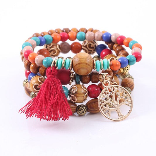 Beautiful Colorful Beads and Wood Tree of Life Bracelet Set