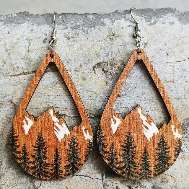 Beautiful Wood Snowy Mountain Earrings